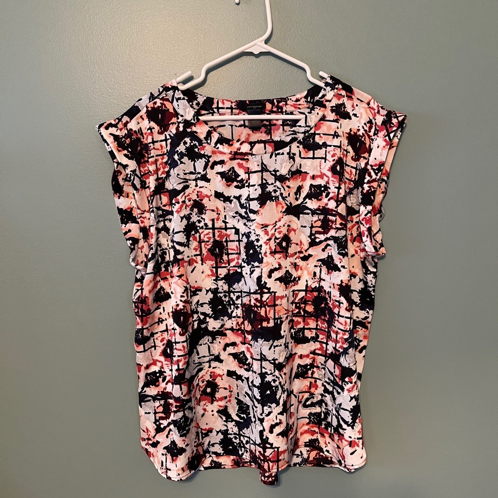 Navy, pink and coral print blouse.